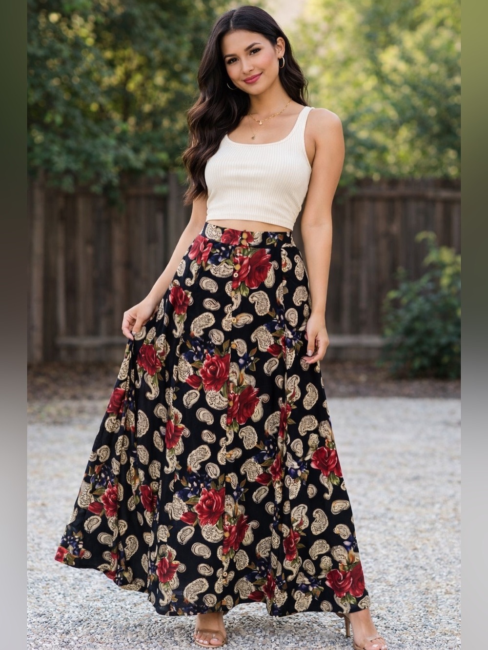 Vintage 90s IVY 100% Rayon Maxi Skirt Sz M Wooden Buttons Paisley Floral Boho US